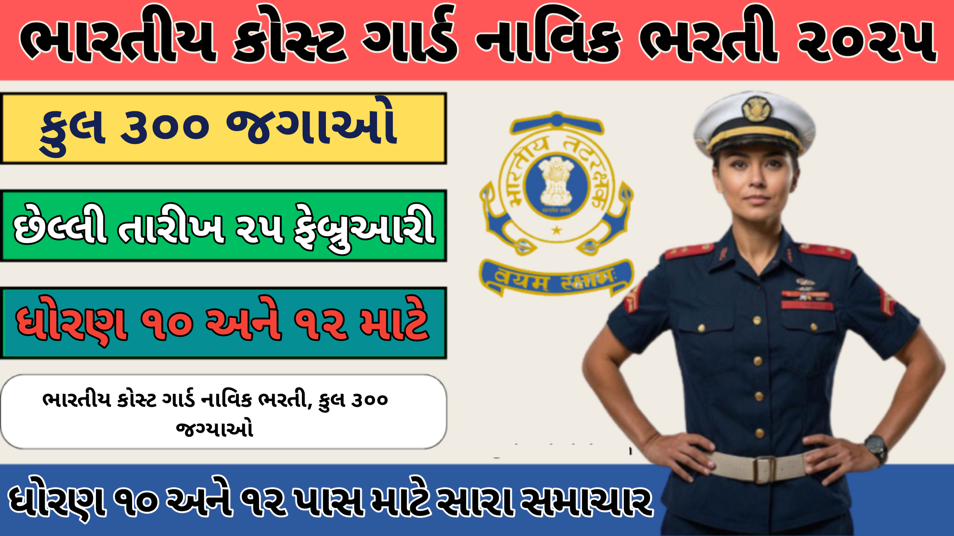 Coast Guard Navik Recruitment 2025: ભારતીય કોસ્ટ ગાર્ડ નાવિક ભરતી, કુલ ૩૦૦ જગ્યાઓ